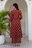 Maroon Ajrakh print A-line Suit Set with Palazzos and Dupatta