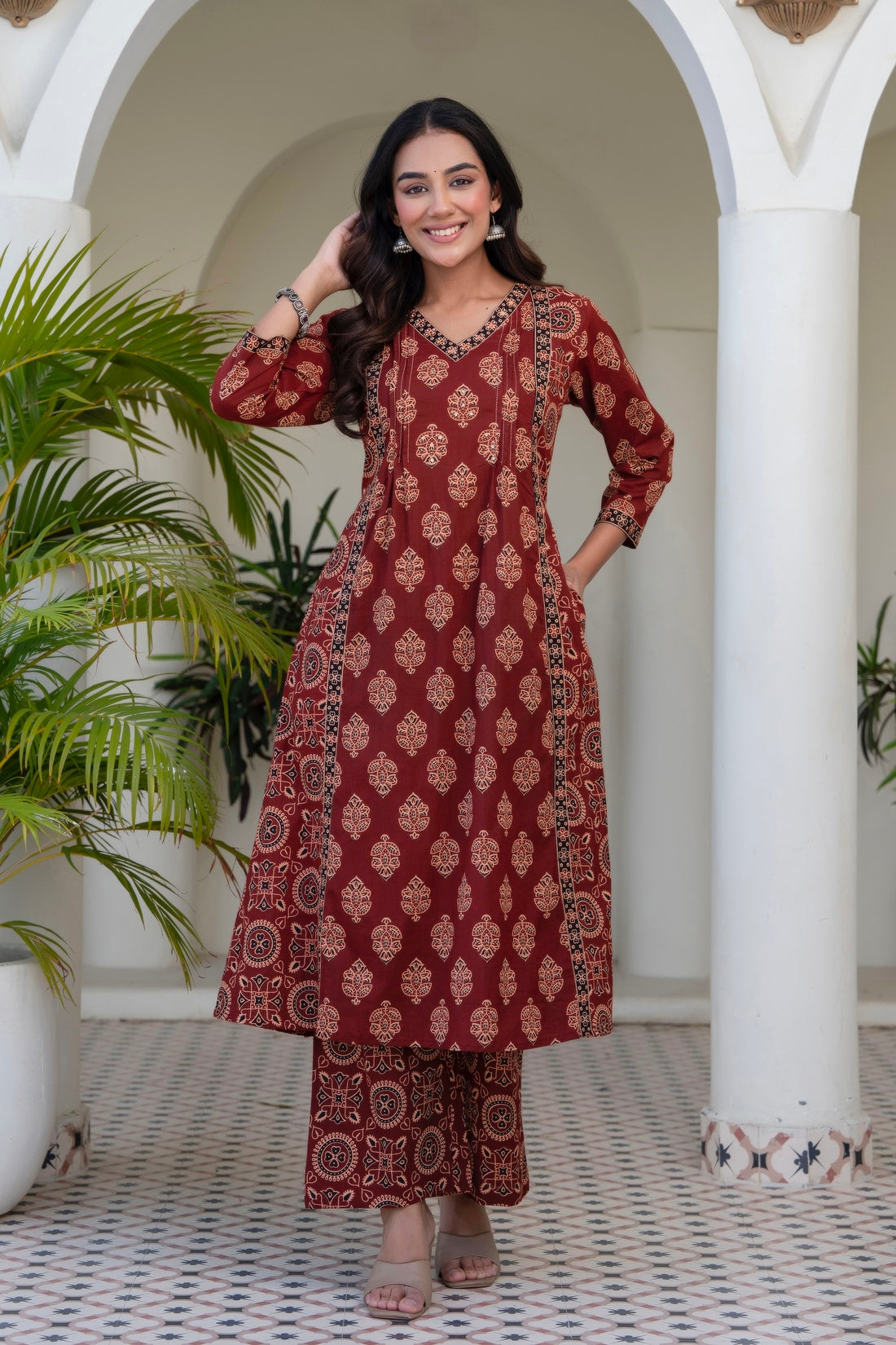 Maroon Ajrakh print A-line Suit Set with Palazzos and Dupatta