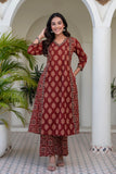 Maroon Ajrakh print A-line Suit Set with Palazzos and Dupatta