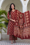 Maroon Ajrakh print A-line Suit Set with Palazzos and Dupatta