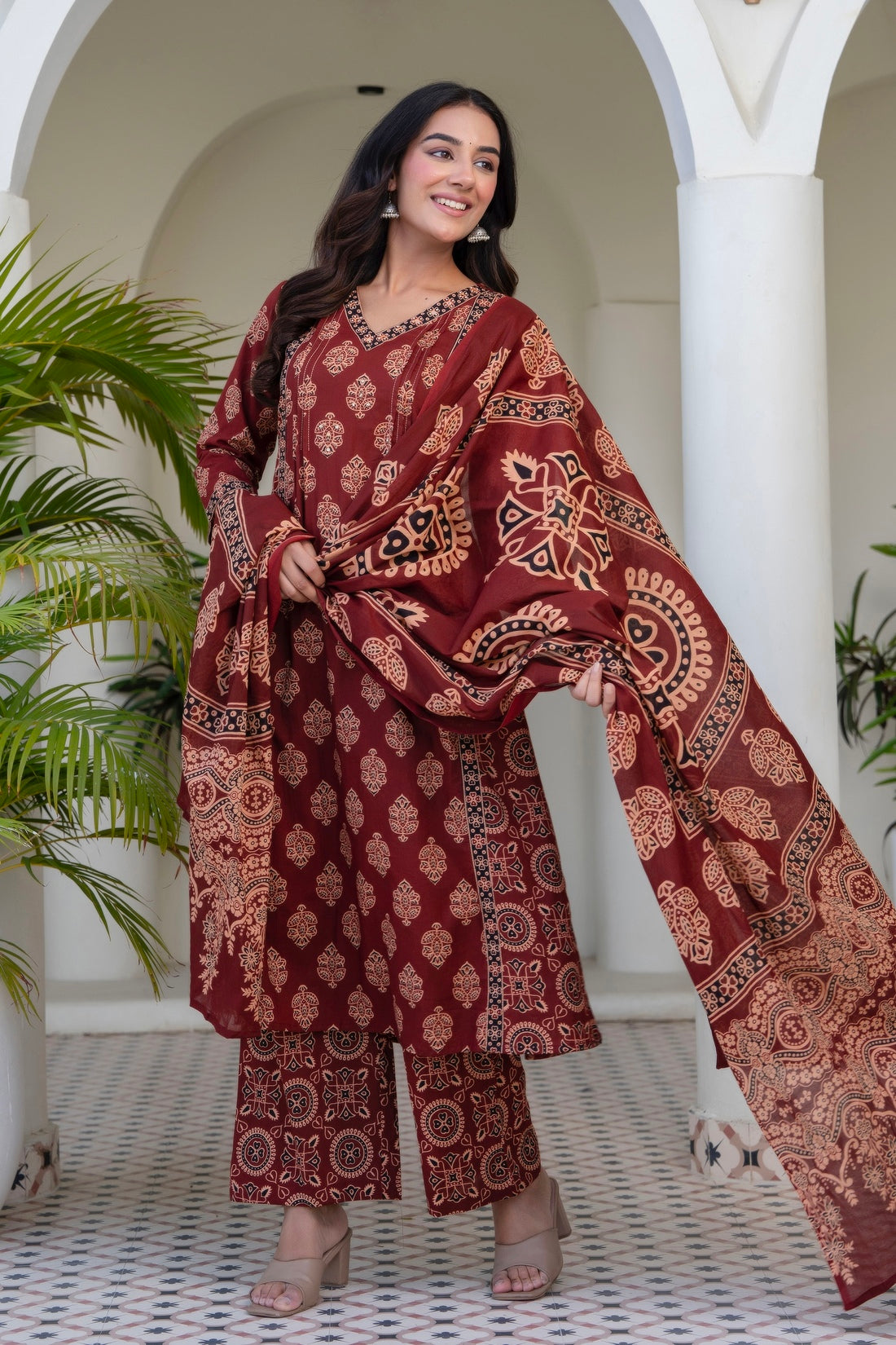 Maroon Ajrakh print A-line Suit Set with Palazzos and Dupatta
