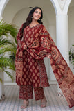 Maroon Ajrakh print A-line Suit Set with Palazzos and Dupatta