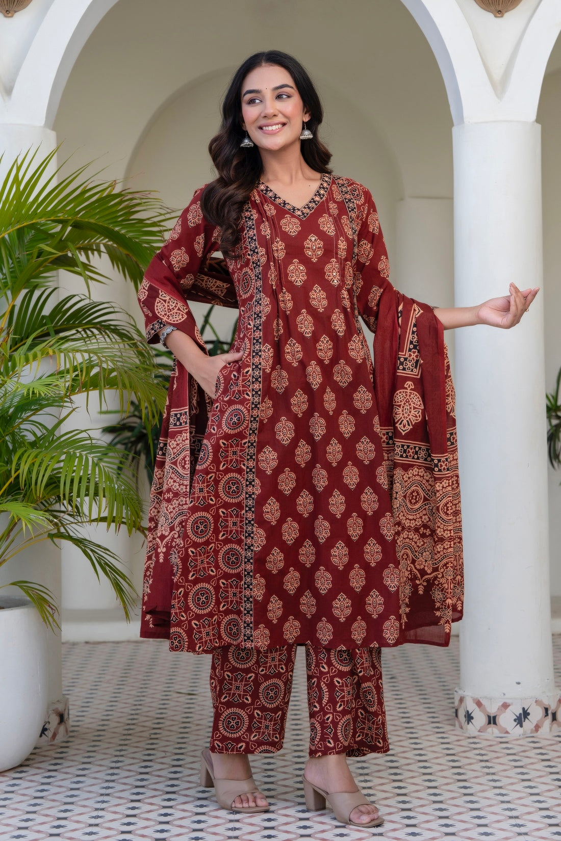 Maroon Ajrakh print A-line Suit Set with Palazzos and Dupatta