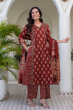 Maroon Ajrakh print A-line Suit Set with Palazzos and Dupatta