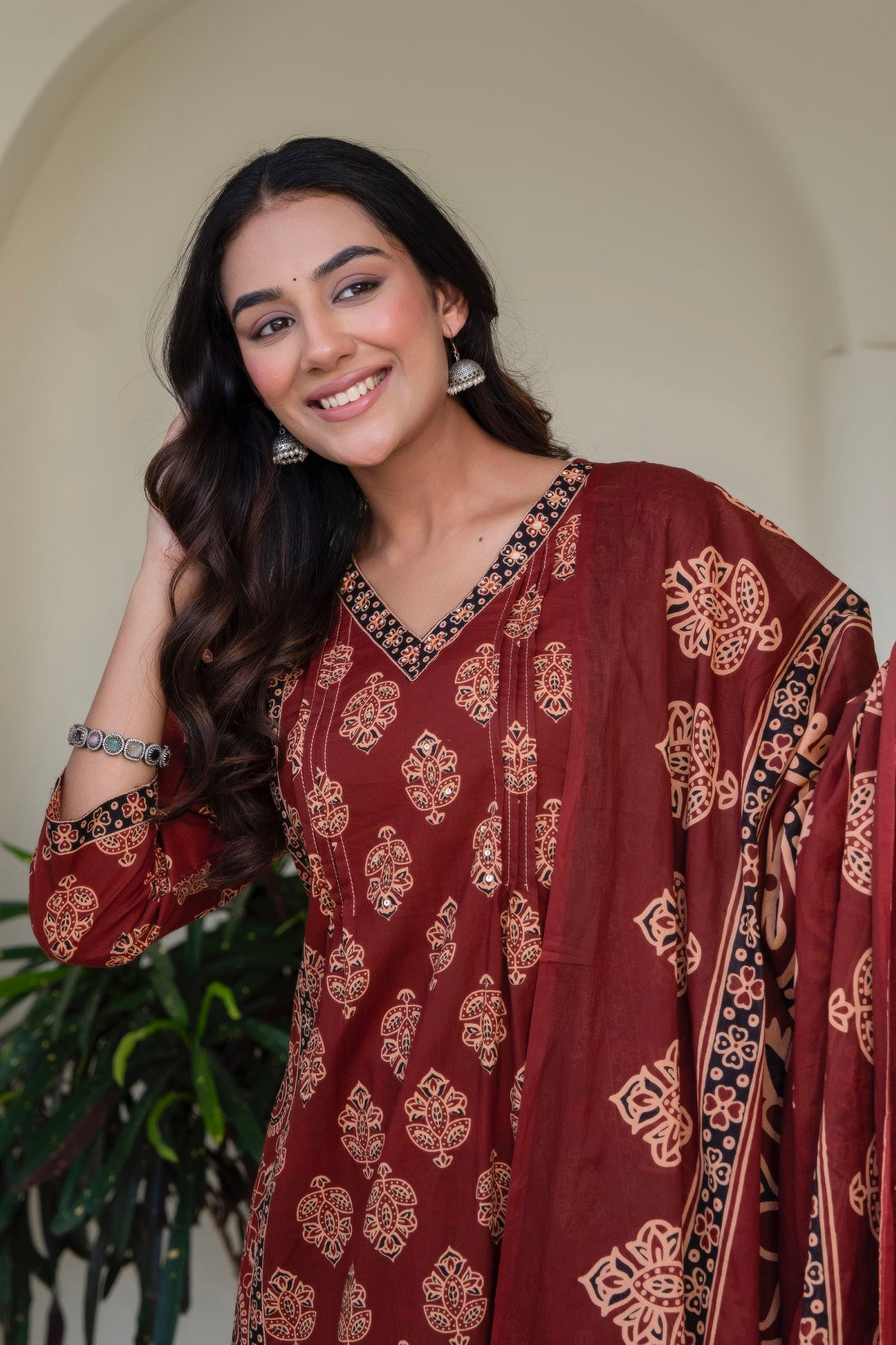Maroon Ajrakh print A-line Suit Set with Palazzos and Dupatta
