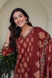 Maroon Ajrakh print A-line Suit Set with Palazzos and Dupatta
