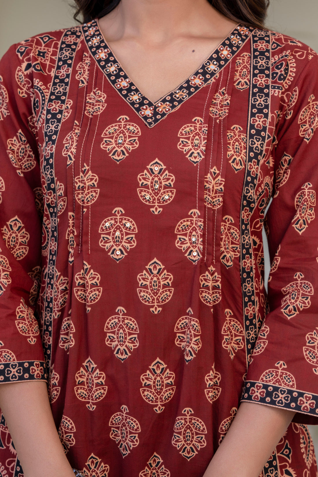 Maroon Ajrakh print A-line Suit Set with Palazzos and Dupatta