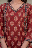 Maroon Ajrakh print A-line Suit Set with Palazzos and Dupatta