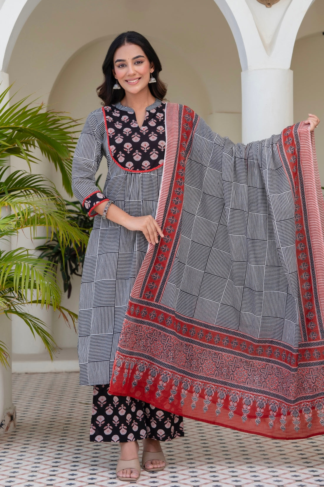 Black Checks Printed Kurta Set with Palazzos and Dupatta
