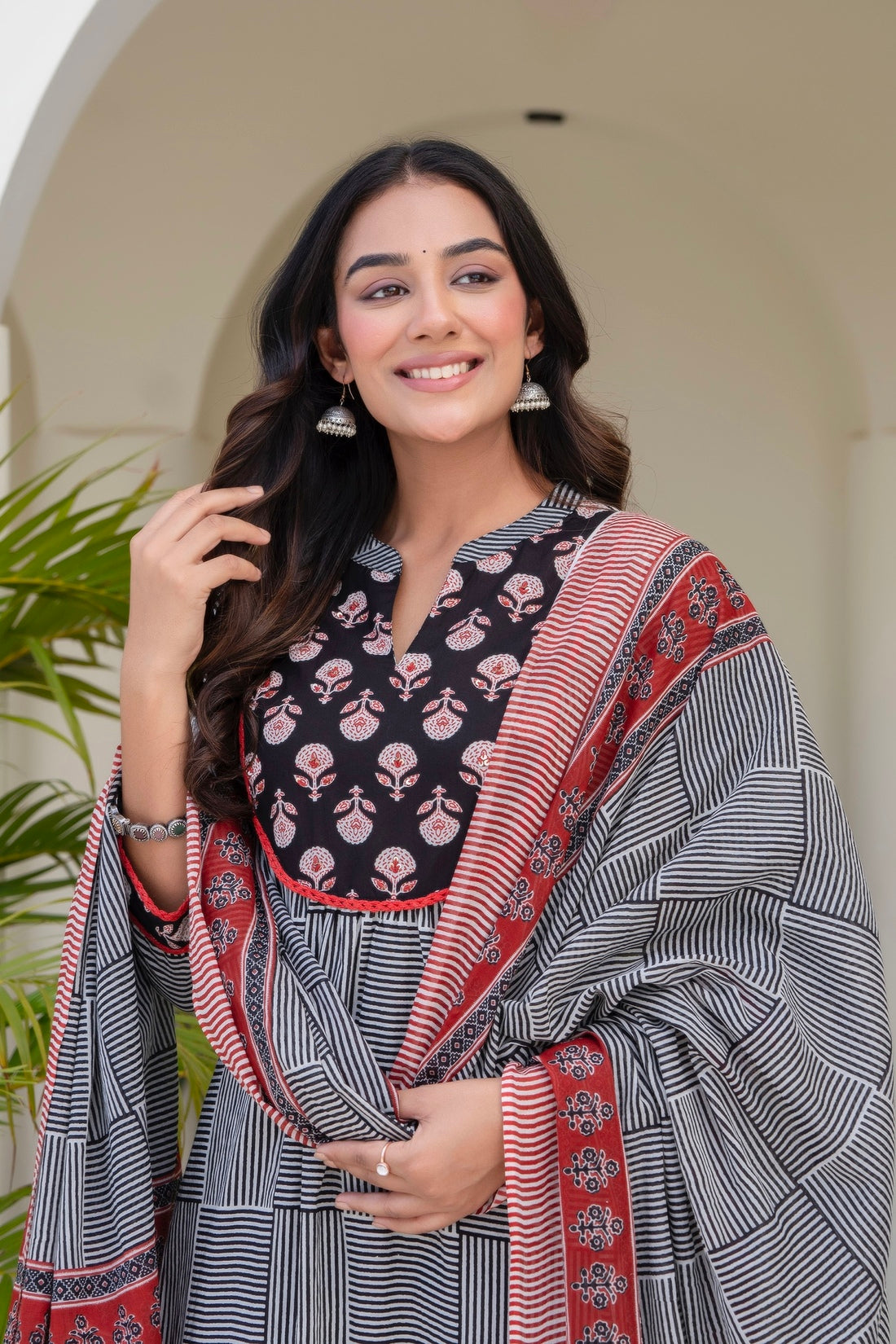 Black Checks Printed Kurta Set with Palazzos and Dupatta
