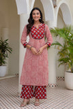 Red Checks Printed Kurta Set with Palazzos and Dupatta