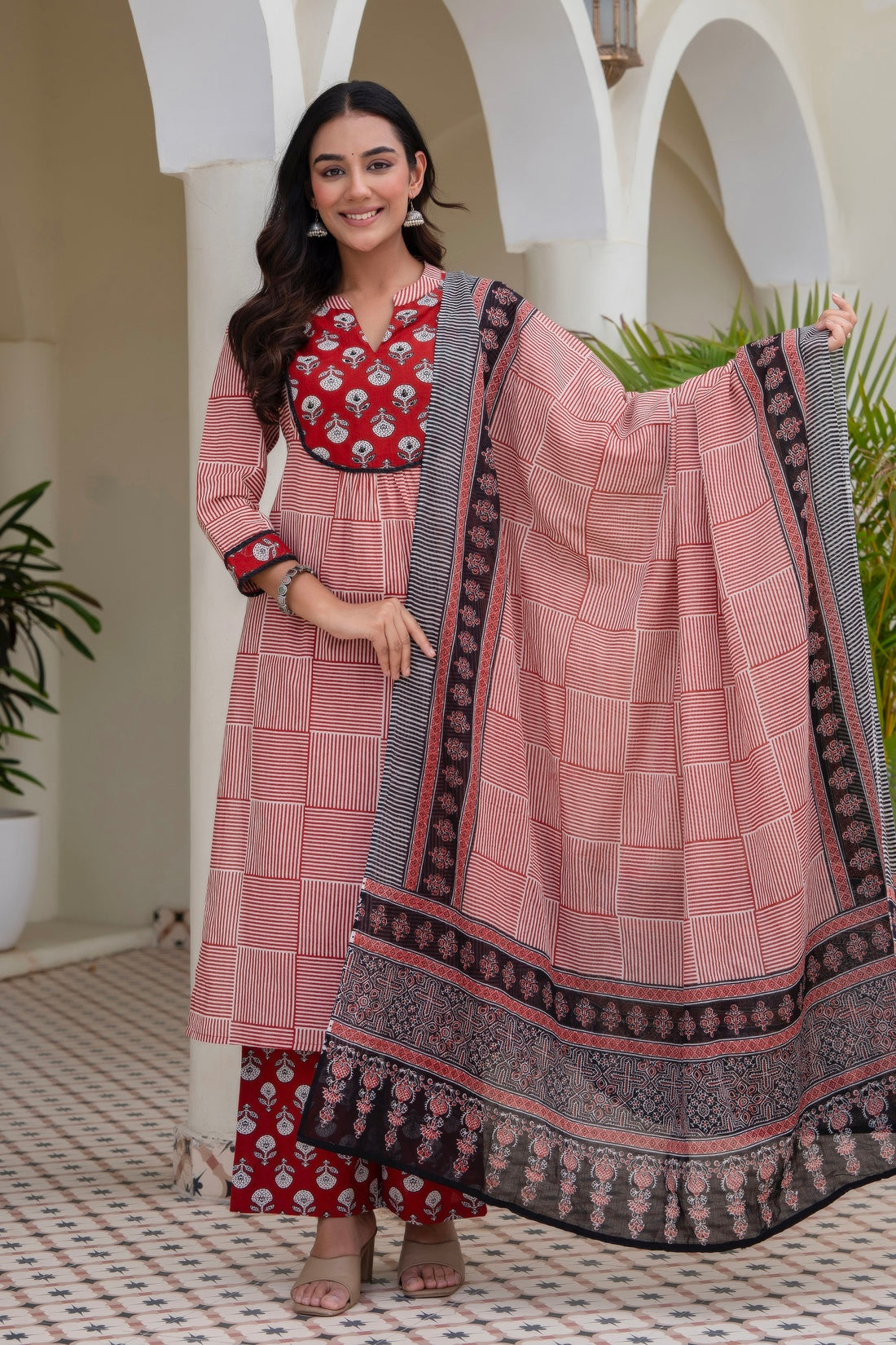 Red Checks Printed Kurta Set with Palazzos and Dupatta