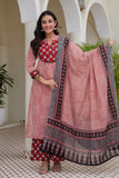Red Checks Printed Kurta Set with Palazzos and Dupatta