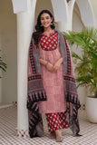 Red Checks Printed Kurta Set with Palazzos and Dupatta