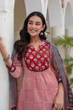 Red Checks Printed Kurta Set with Palazzos and Dupatta