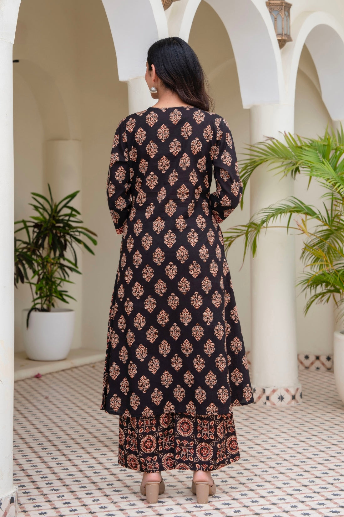 Black Ajrakh print A-line Suit Set with Palazzos and Dupatta