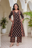 Black Ajrakh print A-line Suit Set with Palazzos and Dupatta