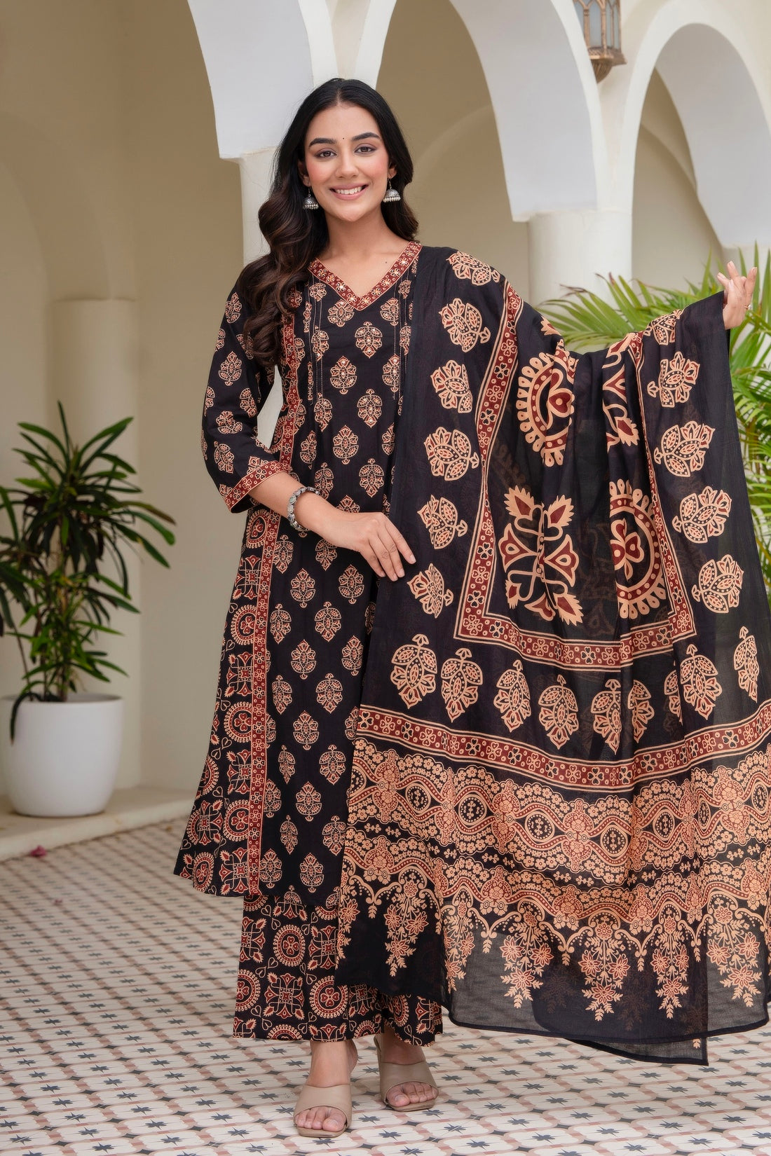 Black Ajrakh print A-line Suit Set with Palazzos and Dupatta