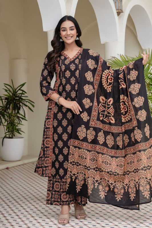 Black Ajrakh print A-line Suit Set with Palazzos and Dupatta