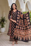 Black Ajrakh print A-line Suit Set with Palazzos and Dupatta