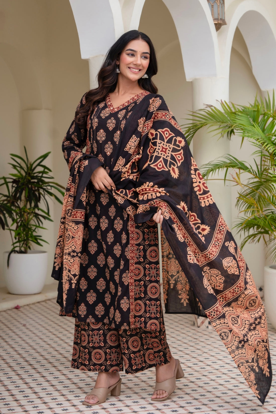 Black Ajrakh print A-line Suit Set with Palazzos and Dupatta
