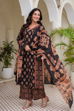Black Ajrakh print A-line Suit Set with Palazzos and Dupatta
