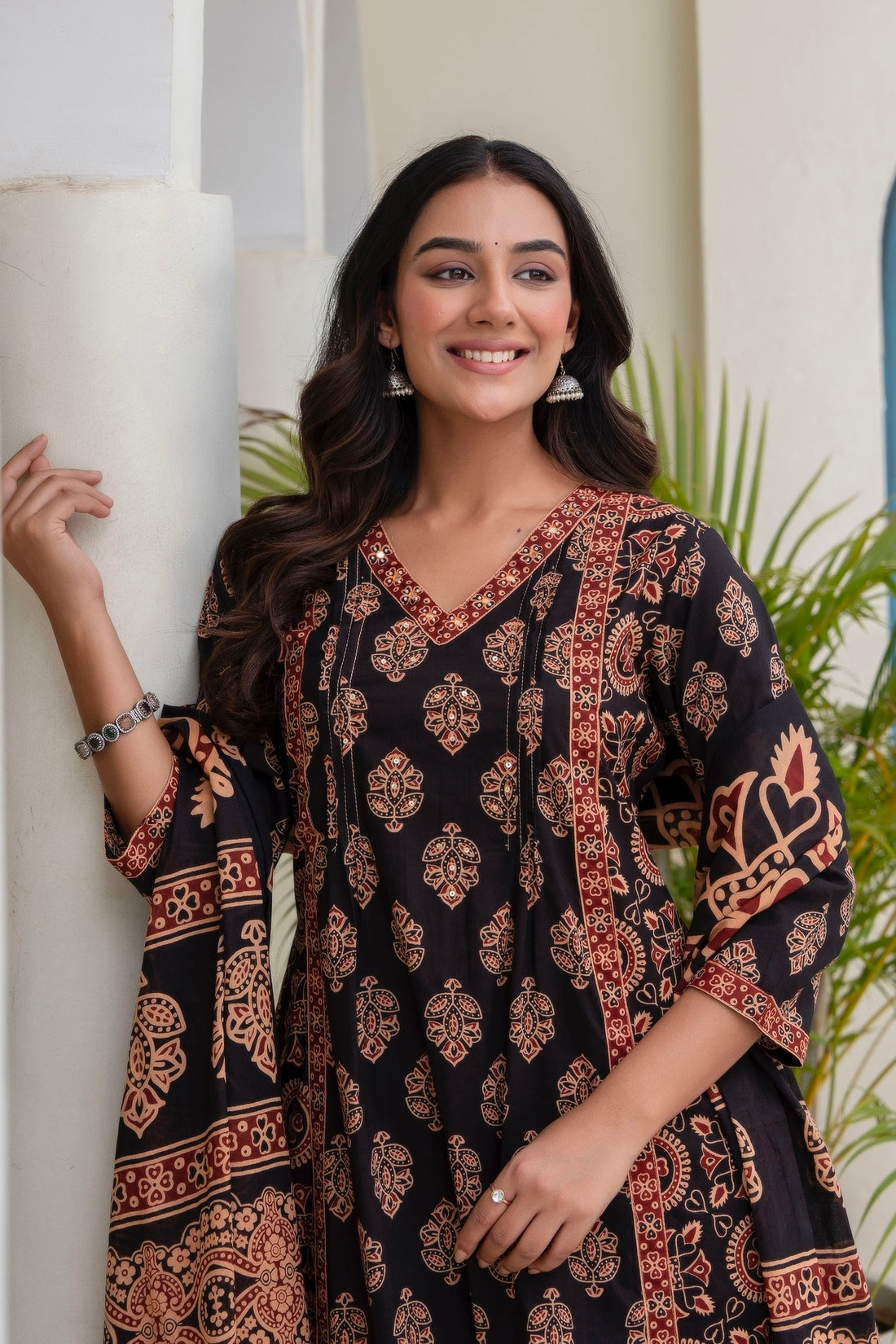 Black Ajrakh print A-line Suit Set with Palazzos and Dupatta