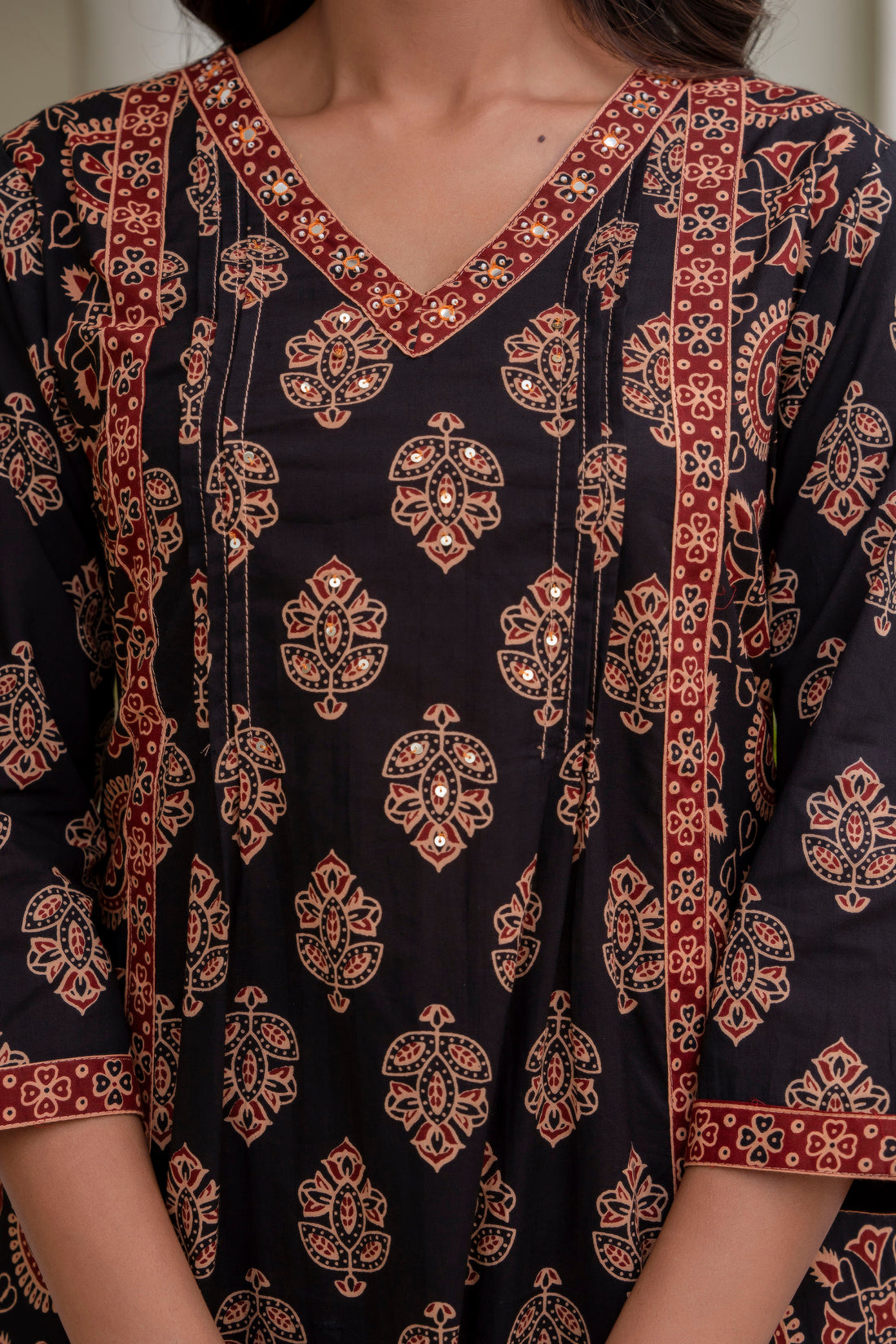 Black Ajrakh print A-line Suit Set with Palazzos and Dupatta