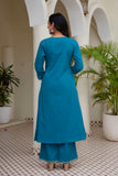 Turquoise Embroidered Solid A-line Kurta Set with Palazzos and Dupatta