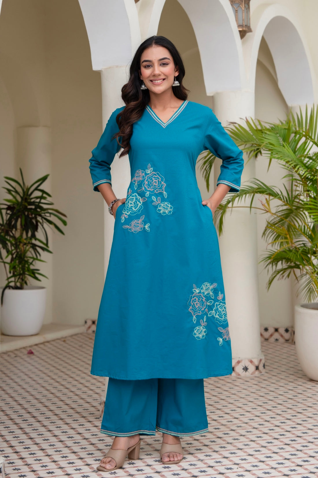 Turquoise Embroidered Solid A-line Kurta Set with Palazzos and Dupatta