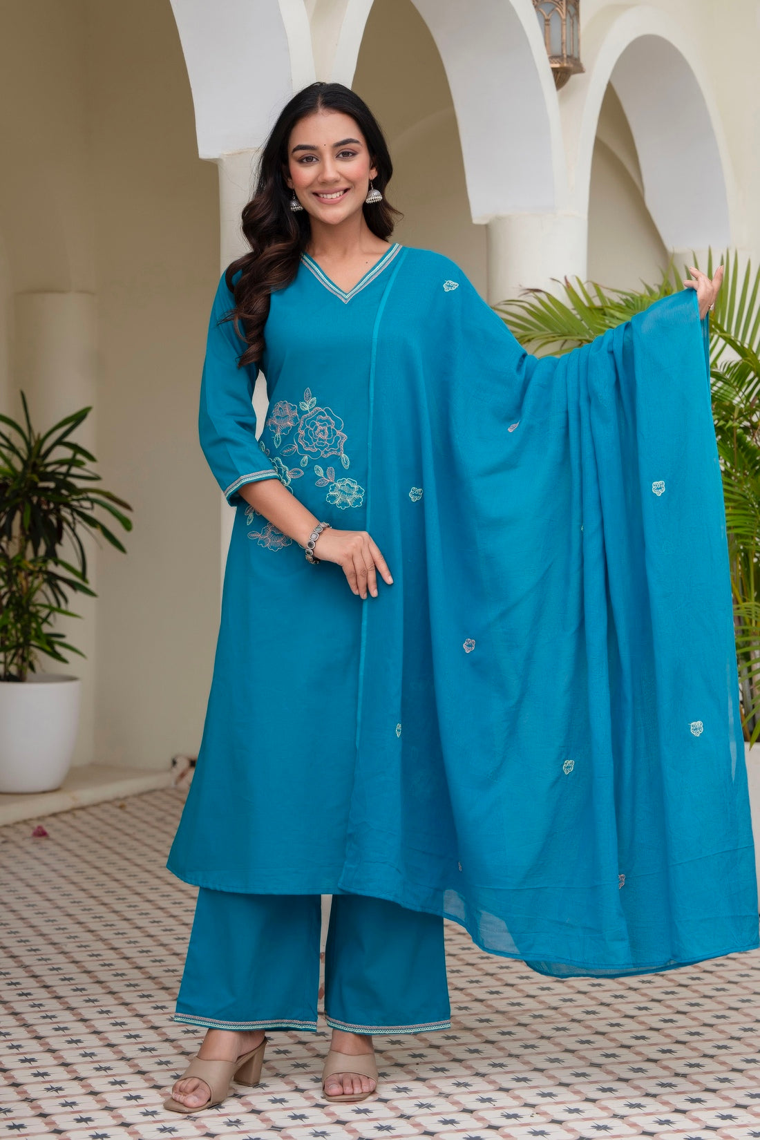 Turquoise Embroidered Solid A-line Kurta Set with Palazzos and Dupatta