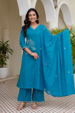 Turquoise Embroidered Solid A-line Kurta Set with Palazzos and Dupatta
