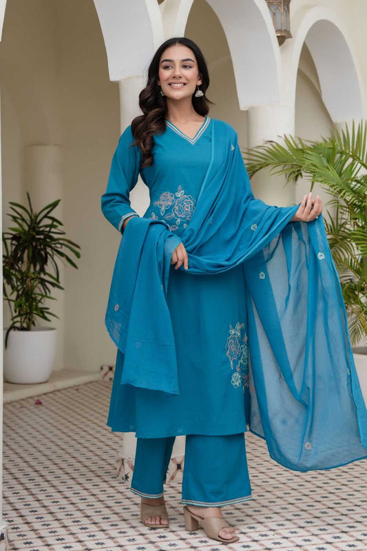 Turquoise Embroidered Solid A-line Kurta Set with Palazzos and Dupatta
