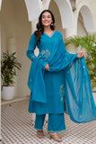 Turquoise Embroidered Solid A-line Kurta Set with Palazzos and Dupatta