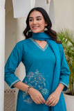 Turquoise Embroidered Solid A-line Kurta Set with Palazzos and Dupatta