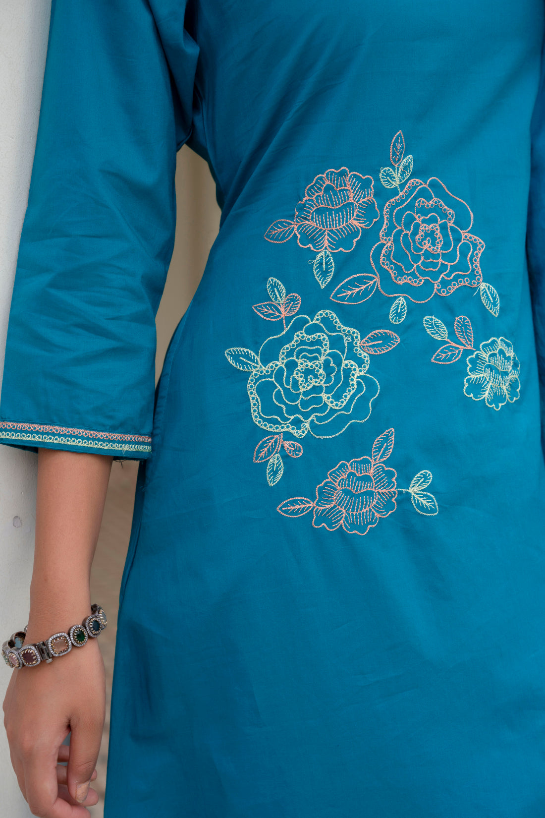 Turquoise Embroidered Solid A-line Kurta Set with Palazzos and Dupatta