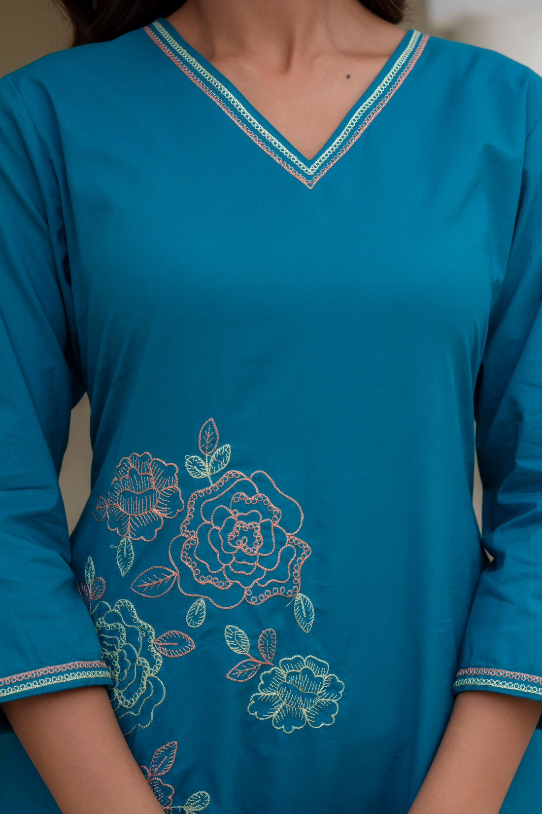 Turquoise Embroidered Solid A-line Kurta Set with Palazzos and Dupatta
