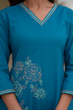 Turquoise Embroidered Solid A-line Kurta Set with Palazzos and Dupatta
