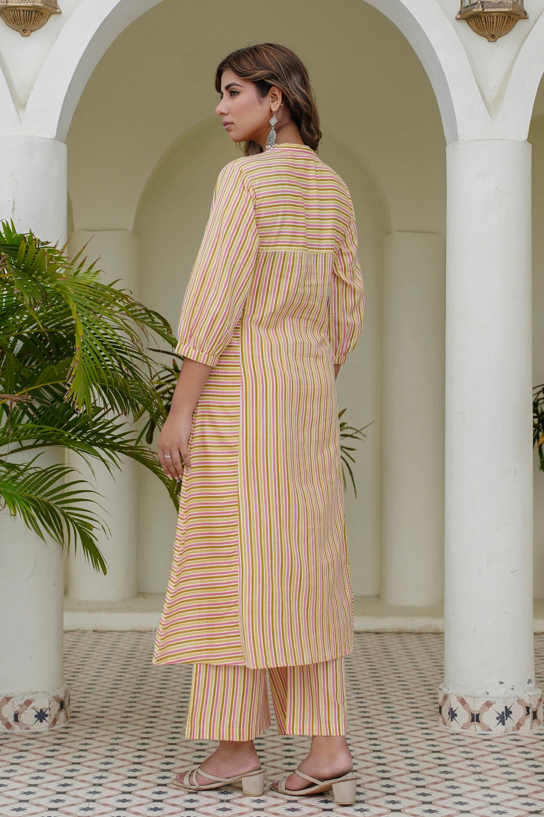 Yellow Striped Kurta with Straight Palazzos Coord Set