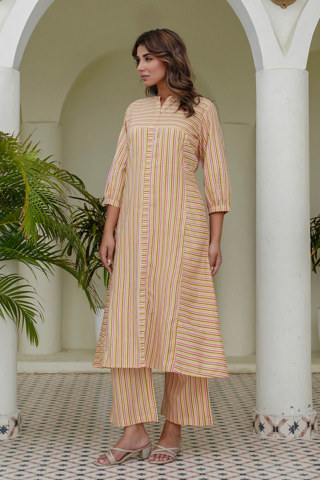 Yellow Striped Kurta with Straight Palazzos Coord Set