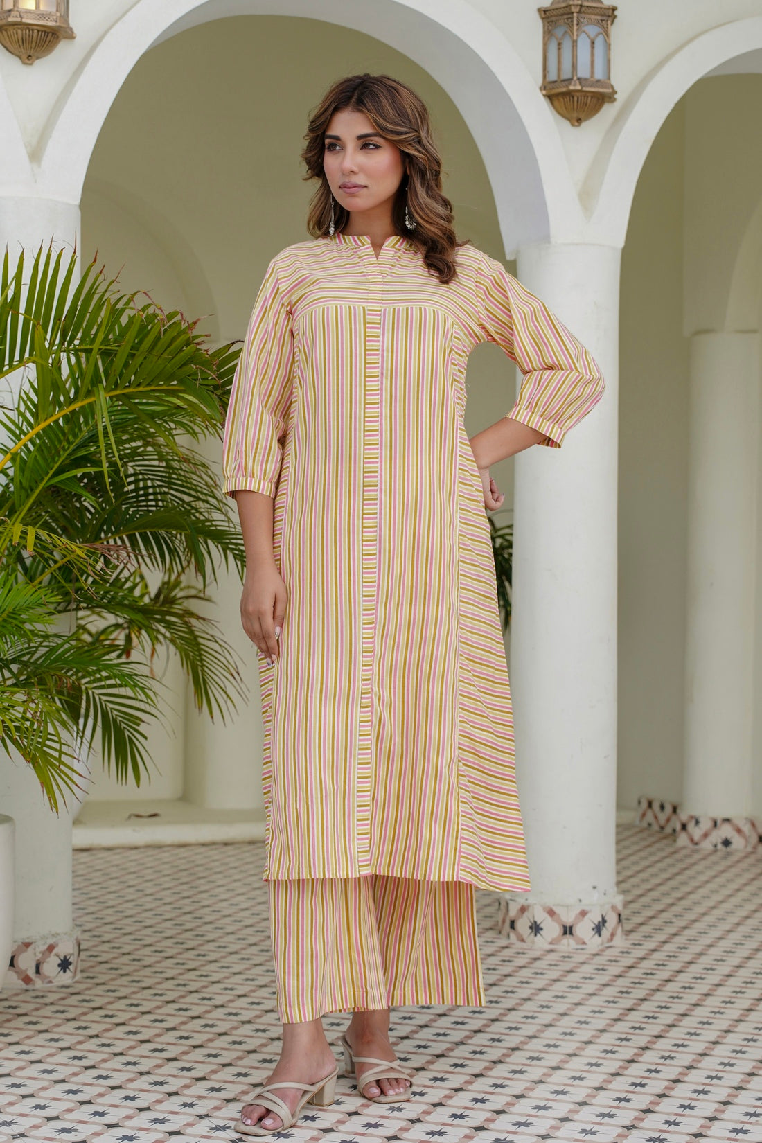 Yellow Striped Kurta with Straight Palazzos Coord Set