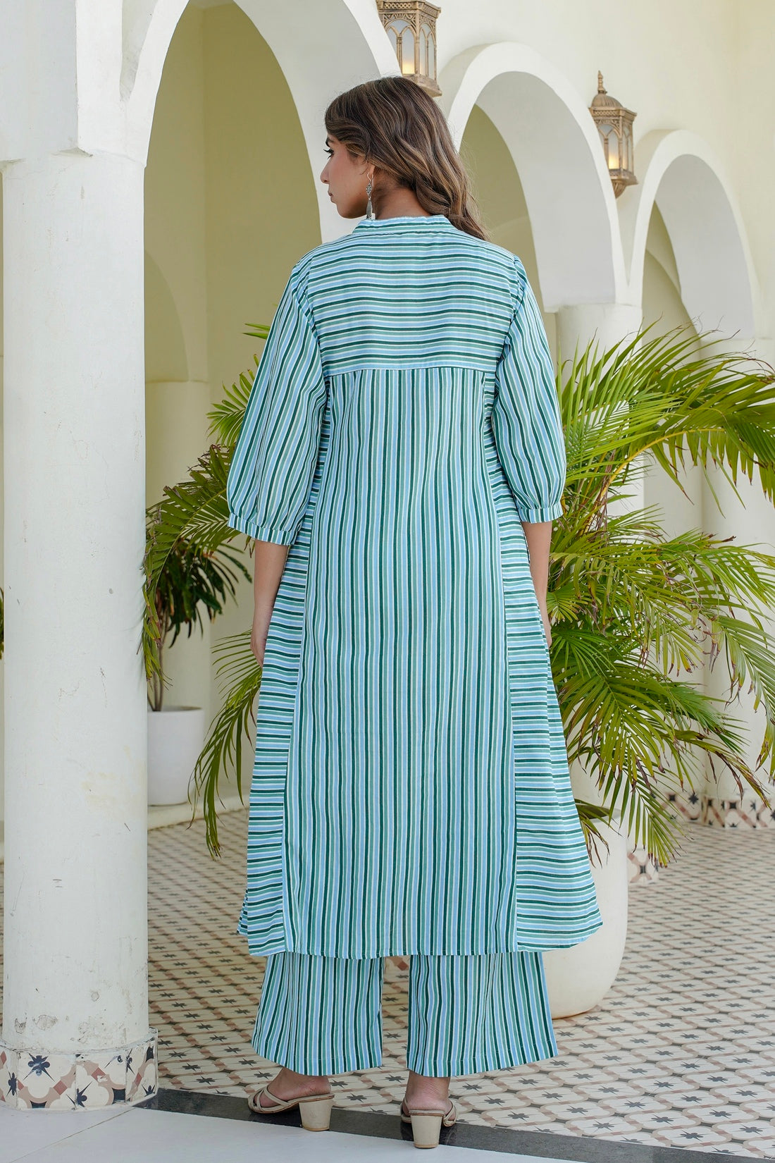 Blue Striped Kurta with Straight Palazzos Coord Set