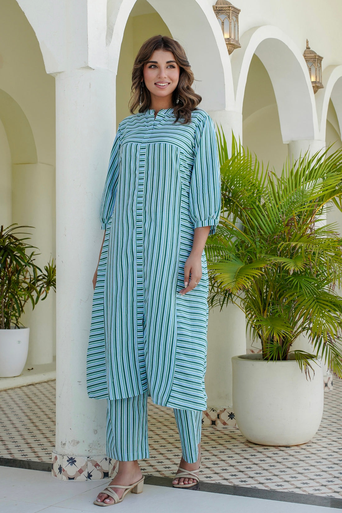 Blue Striped Kurta with Straight Palazzos Coord Set