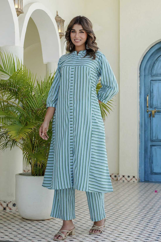 Blue Striped Kurta with Straight Palazzos Coord Set