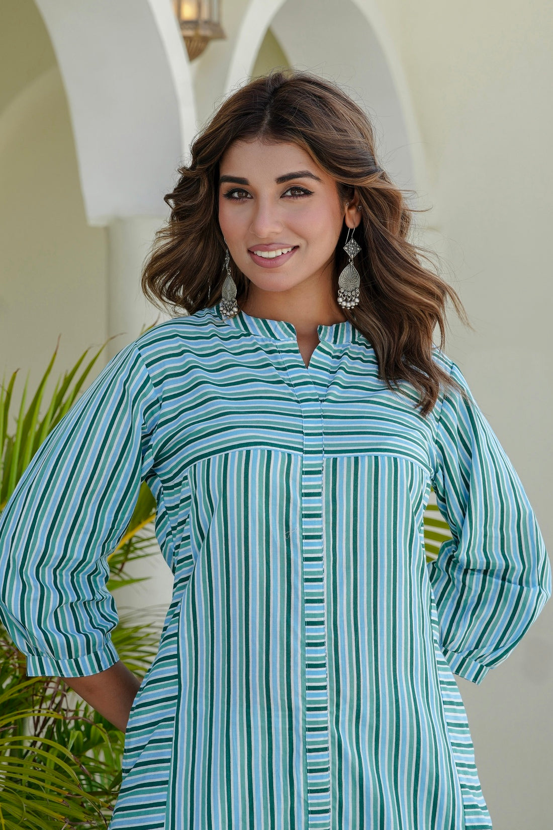 Blue Striped Kurta with Straight Palazzos Coord Set
