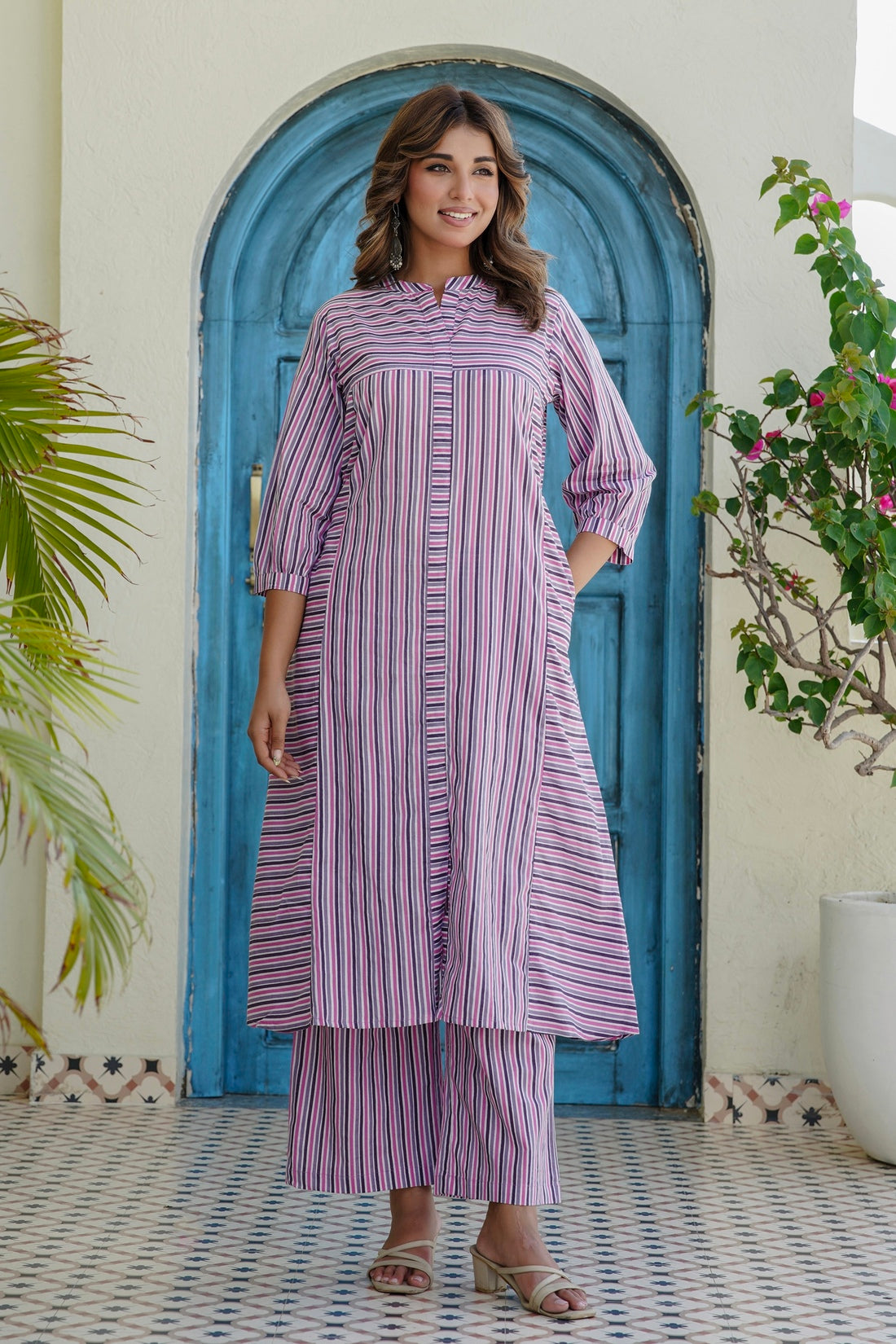 Purple Striped Kurta with Straight Palazzos Coord Set
