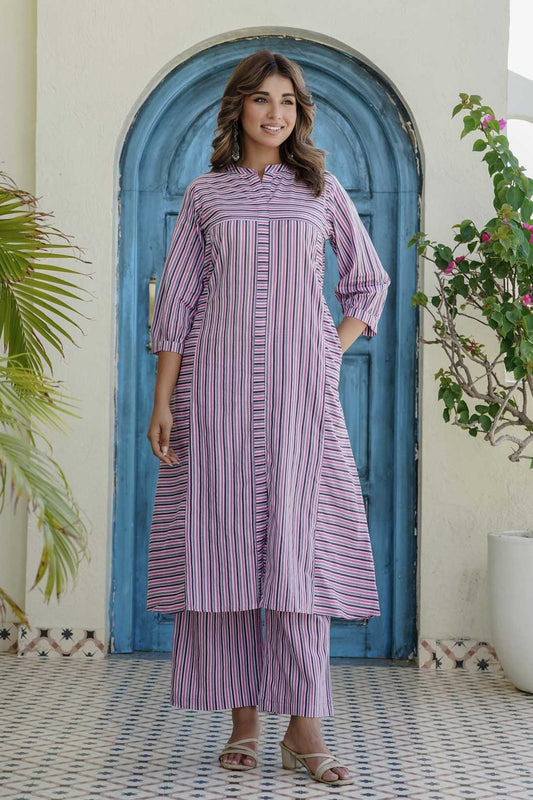 Purple Striped Kurta with Straight Palazzos Coord Set