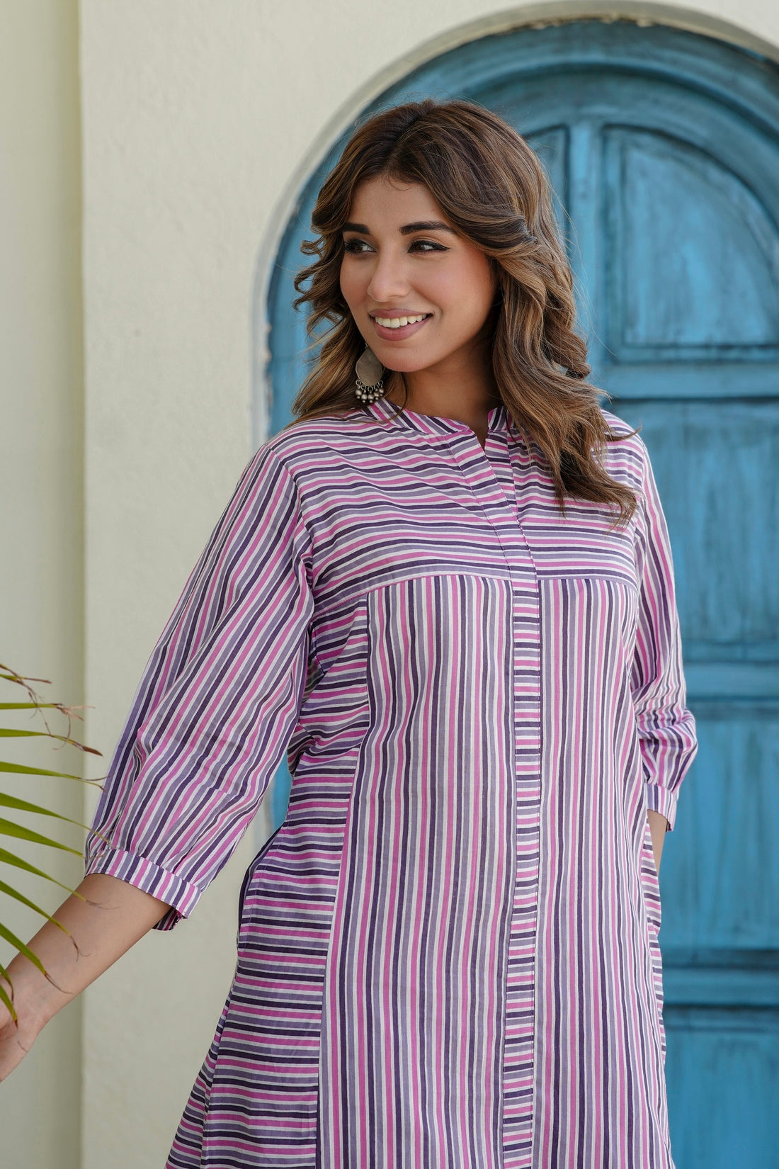 Purple Striped Kurta with Straight Palazzos Coord Set