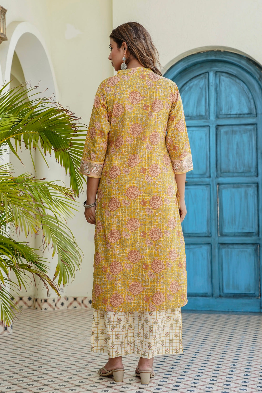 Yellow and Off White Floral Cotton Kurta Set with Palazzos and Dupatta