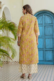 Yellow and Off White Floral Cotton Kurta Set with Palazzos and Dupatta